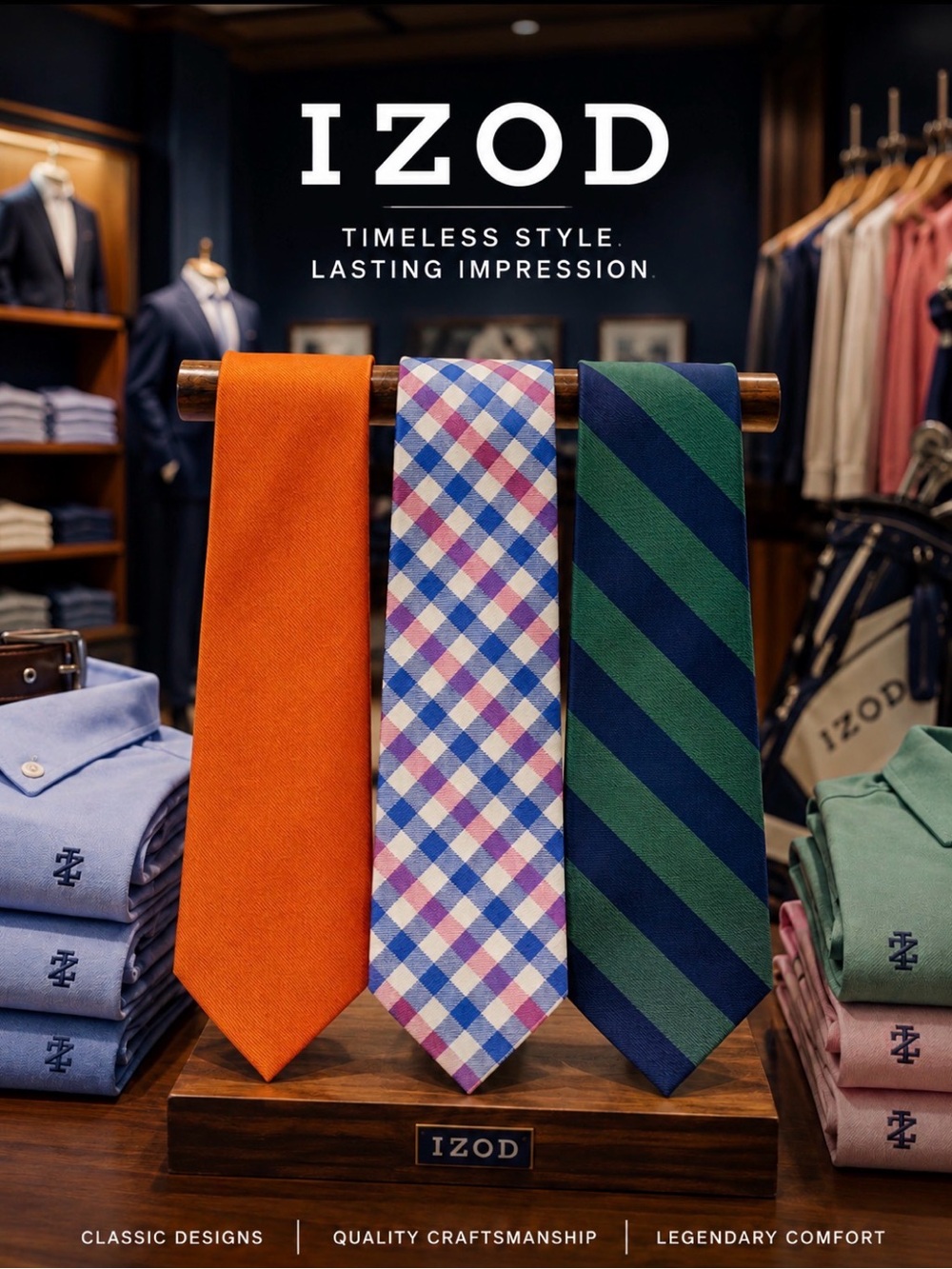 IZOD Men’s Necktie Lot of 3 – Orange, Plaid & Green/Navy Stripe Classic Ties